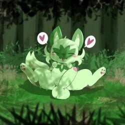 balls belly big_balls big_penis blush facial_tuft fangs felid feline fluffy fluffy_tail foreskin forest forest_background fur generation_9_pokemon genitals grass green_body green_fur happy head_tuft heart_symbol hi_res leaf male mammal multicolored_body multicolored_fur nature nature_background navel nintendo open_mouth pawpads paws penis pink_nose plant pokemon pokemon_(species) shaded shadow sitting sitting_on_ground solo spread_legs spreading sprigatito tail teeth tongue tree tuft tummyrubss