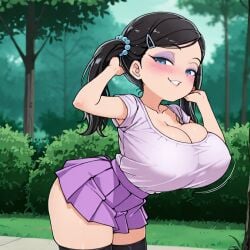 1girls ai_generated black_hair blue_eyes blush cleavage eyeshadow female huge_breasts looking_at_viewer makeup outdoors shortstack skirt stable_diffusion thick_thighs thighhighs twintails