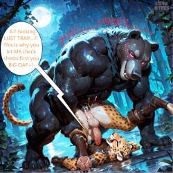 2boys ai ai_assisted ai_generated anal anthro ass balls bara bear blush boots cheetah closed_eyes cum cum_in_ass dubious_consent ejaculation english_text erection fangs felid feline forest full_moon furry furry_male furry_with_furry gloves glowing glowing_eyes heart interspecies large_pectorals lovebytes male male_focus moon moonlight multiple_boys muscular muscular_male nature night open_mouth outdoors overflow pectorals penis rain sex short_hair size_difference speech_bubble tail teeth testicles thick_thighs thighs torn_clothes uncensored ursid watermark wet yaoi