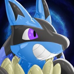 1:1 2024 free_use generation_4_pokemon hi_res icon inflatable latex latex_body lucario male nintendo permagrin pokemon pokemon_(species) pool_toy pool_toy_suit pool_toy_with_face purple_eyes riggedreded simple_background solo toy