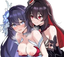 2girls bare_shoulders big_breasts black_hair blue_eyes blue_hair blush breast_grab breasts breasts_out breasts_out_of_clothes clothes clothing commission female female/female female_only grabbing_another's_breast grabbing_breasts hair_between_eyes honkai_(series) honkai_impact_3rd large_breasts long_hair looking_at_another mini2chainz nipples pink_nipples red_eyes red_hair seele_(honkai:_star_rail) seele_vollerei_(herrscher_of_rebirth) seele_vollerei_(starchasm_nyx) smile smiling smiling_at_partner solid_color_background two_tone_hair very_long_hair