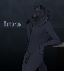 5_fingers amarok_black_(character) animal_genitalia anthro balls black_body black_fur blue_eyes canid canine canis claws ear_piercing ear_ring fingers fully_sheathed fur genitals hi_res leaning leaning_on_object leaning_on_table looking_at_viewer male mammal pawpads piercing ring_piercing sheath solo strana_(artist) text whiskers wolf