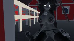 anthro barn big_ass big_breasts black_fur earrings female furry furry_female furry_only nipple_piercing pose sheep sheep_girl solo_female stockings vrchat vrchat_avatar vrchat_model