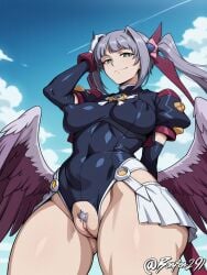 ai_generated bonfen291 choukou_tenshi_escalayer covered_nipples crotch_cutout female female_pubic_hair fm77 hair_ornament hand_on_own_hair huge_nipples leotard looking_at_viewer low_wings medium_breasts midair puffy_short_sleeves purple_hair purple_wings pussy ribbons self_upload sky solo thick_thighs twintails white_gloves