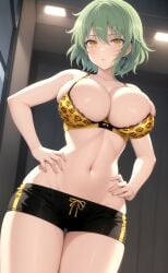 1girl ai-created ai_generated animal_print bangs bare_arms bare_shoulders black_shorts blush bra breasts clavicle cleavage closed_mouth clothing earrings female female_only green_hair groin hand_on_hip hands_on_hips hands_on_own_hips high_resolution hikage_(senran_kagura) indoors jewelry large_breasts leopard_print looking_at_viewer midriff navel pixiv portrait rena_aikawa_(pixiv_user) senran_kagura short_hair short_shorts shorts skindentation slit_pupils smile solo standing stomach tagme tensor_art thigh_gap thighs underwear yellow_eyes