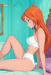 18yo 1girl adult aged_up ai_generated bed bedroom bloom bloom_(winx_club) blue_eyes cleavage erotic glossy_skin highres lace_bra lace_panties large_breasts legs_apart long_hair looking_down mirror navel on_bed orange_hair pale_skin patreon patreon_username profile purple_pillow r34dungeon red_hair shy_expression side_view sitting slim_waist soft_expression solo suggestive thick_thighs underwear white_bra white_lingerie white_panties winx_club