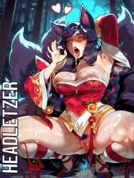 ahri ai_generated armpit breasts breasts clothing cum cum_on_body cum_on_face fellatio_gesture hands_behind_head headletzer league_of_legends looking_at_viewer nipple_slip nipples one_hand_behind_head panties panties_around_leg panties_around_one_leg pussy pussy_juice_drip riot_games semen semen_on_body solo solo_focus spoken_heart squatting vagina vastaya wet_pussy