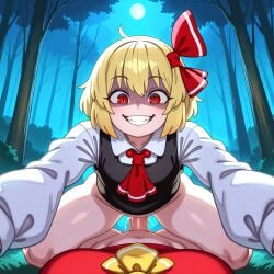 1futa 1girls 2d ai_generated ascot blonde_hair bottomless civitai collared_shirt defeat_sex defeated defeated_heroine duo evil_grin female female_focus female_on_top femdom forest futa_pov futanari futasub grin grinning_at_viewer hairbow long_sleeves looking_at_viewer naughty_face night outdoors pov red_eyes reimu_hakurei rumia self_upload sex shaded_face sharp_teeth short_hair slit_pupils thick_thighs touhou uncensored vaginal_penetration vest