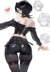 1girls ai_generated alternate_costume ass bare_shoulders belt belt_collar black_collar black_hair bleach blush clothing eatsleep1111 female kuchiki_rukia looking_back off_shoulder short_hair smile tagme thick_thighs thighs