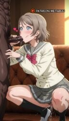 1boy :>= abs ai_generated black_socks blue_eyes blush bow bowtie breasts brown_hair censored clothed_female_nude_male couch dark-skinned_male dark_skin fellatio female female_ejaculation grey_skirt heart heart-shaped_pupils indoors interracial kneehighs large_breasts light_brown_hair long_sleeves love_live! love_live!_sunshine!! male male_pubic_hair meitabuu miniskirt nude on_couch oral panties penis pink_panties pleated_skirt pubic_hair pussy_juice red_bow red_bowtie sailor_collar saliva school_uniform serafuku shoes short_hair skirt socks solo_focus squatting straight stray_pubic_hair symbol-shaped_pupils testicles uncensored underwear uranohoshi_school_uniform veins veiny_penis very_dark_skin watanabe_you