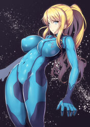 blonde_hair blue_eyes bodysuit breasts erect_nipples female female_only fully_clothed human large_breasts metroid nagase_haruhito navel nintendo ponytail samus_aran shiny_clothes solo tied_hair tight_clothes tight_clothing zero_suit zero_suit_samus