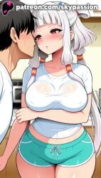 1boy 1girls 2025 ai_assisted ai_generated anime artist_name bangs belly big_breasts big_chest black_hair blue_shorts blunt_bangs blush breast breast_hold breasts bust busty chest clothed_female clothed_female_clothed_male code_geass collarbone covered_nipples crossed_arms hi_res high_quality high_resolution highres jiang_lihua large_breasts long_hair navel patreon patreon_username red_eyes romantic romantic_couple see-through shirt shorts silver_hair sitting skypassion stable_diffusion straight t-shirt thighs tianzi watermark white_shirt