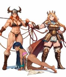 3girls abs ai ai_assisted ai_generated ass barefoot chel chel_(the_road_to_el_dorado) crawling crown dark-skinned_female defeated female female_only muscular muscular_female muscular_male queen size_difference viking yuri
