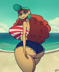 1girls artist_signature ass back_view beach big_ass booty_shorts breasts bubble_butt cel_shading cloud clouds curly_hair daisy_dukes detailed_background disney ear_piercing flock_of_birds freckles hat huge_ass inner_workings kate_(inner_workings) light-skinned_female light_skin long_hair looking_at_viewer ocean orange_hair orange_hair_female piercing red_hair redhead_female revealing_clothes rustysh4ckl3ford sand sand_writing seagull seagulls shaded short_shorts smile striped_shirt thick_thighs topwear tubetop very_high_resolution walt_disney_animation_studios