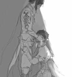 2boys arm_tattoo clothes_pull cum cum_in_mouth cum_overflow eii_leuleu erection fellatio from_side genshin_impact greyscale hands_on_another's_head highres kneeling male_focus monochrome multiple_boys oral pants pants_pull penis pulling_another's_clothes short_hair simple_background standing sweat tattoo testicles venti_(genshin_impact) white_background xiao_(genshin_impact) yaoi