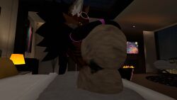 ass black_hair countershade_butt curvy furry goggles_on_forehead hand_on_butt huge_butt hyper_ass juicy_ass laying_on_side looking_back mrhighvoice on_bed phat_ass seductive_look seductive_pose showing_ass teasing thick_ass thick_butt vrchat