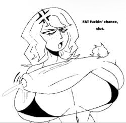 1boy 1girls anger_symbol angry annoyed balls big_balls bikini breasts clothed colorless cum cumming cumming_on_breasts english_text female foreskin freckles freckles_on_breasts freckles_on_face frowning huge_breasts huge_cock looking_at_another male mii motion_lines nintendo open_mouth original_character partially_offscreen_character penis penis_bigger_than_head pubic_hair questionable_consent smorepoptarty solid_color_background text uncircumcised veins_on_dick white_background wristband