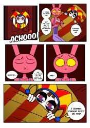 bankaipacay bed bedroom blanket brown_hair comic_page door english_text evil_jax_(tadc) evil_jax_(the_amazing_digital_circus) evil_pomni_(tadc) evil_pomni_(the_amazing_digital_circus) glitch_productions hi_res jester jester_girl jester_hat npc pink_fur rabbit_boy rabbit_humanoid red_room sick sitting_on_bed tender_evil_care_(comic) the_amazing_digital_circus under_covers white_skin word_balloon yellow_eyes