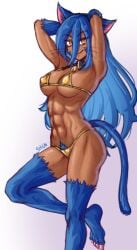 abs bell bell_collar blue_fur blue_hair cat_ears cat_tail catgirl choker claws collar dark_skin gold_bikini kemonomimi muscles muscular muscular_female oc original_character paws pubic_hair pubic_hair_peek ryuka_(wickedraiden) shen_(artist) shenrix slit_pupils smile whiskers wickedraiden yellow_eyes