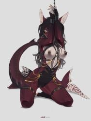 3:4 accessory anthro belly black_sclera bondage bondage bound breasts chained chains clothed clothing cuff_(restraint) curvy_figure dark_hair ear_piercing erect_nipples female fin fin_piercing fish furgonomics furry-specific_piercing garter genitals gold_(metal) gold_chain hair hale. hands_above_head harness heart_(marking) hi_res highlights_(coloring) hourglass_figure kneeling leg_garter looking_at_viewer marine markings medium_breasts messy_hair midriff narrowed_eyes navel nipple_piercing nipples no_underwear non-mammal_breasts nude one_eye_obstructed orange_eyes piercing red_body red_skin restrained restraints rose_(kamikazekit) shark small_waist solo spread_legs spreading thigh_strap white_markings wide_hips wrist_cuffs