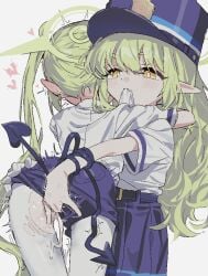 2girls blue_archive bright_pupils commentary_request demon_tail earrings female fingering green_hair green_halo halo hara_(user_hwax5447) hat hikari_(blue_archive) incest jewelry long_hair mouth_hold multiple_girls nozomi_(blue_archive) oerba_yun_fang pantyhose peaked_cap pointy_ears purple_shorts purple_skirt shirt short_sleeves shorts siblings sisters skin_fang skirt tail torn_clothes torn_pantyhose vaginal_penetration very_long_hair white_pantyhose white_pupils white_shirt yellow_eyes young yuri