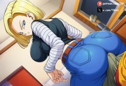 ai_generated android_18 ass big_ass clothed clothing dragon_ball dragon_ball_z jeans narrow_waist sitting_on_lap sitting_on_penis sitting_on_person t8r wide_hips