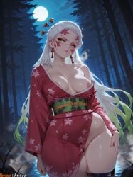 1girls 2025 ai_generated anime anime_girl anime_style areola_slip arisua artist_name bamboo bare_shoulders big_breasts breasts collarbone cowboy_shot curvy curvy_body curvy_female daki_(kimetsu_no_yaiba) demon_slayer earrings facial_mark female floral_print forest full_moon gradient_hair green_eyes green_hair hair_ornament hair_stick hi_res high_quality high_res high_resolution highres japanese_clothes jewelry kimetsu_no_yaiba kimono large_breasts long_hair long_sleeves looking_at_viewer moon moonlight multicolored_hair nature night night_sky nipples no_bra no_panties obi off_shoulder outdoors parted_lips patreon patreon_username print_kimono red_kimono sash skindentation sky solo standing steam sweat thick_thighs thigh_strap thighs tree uncensored very_long_hair watermark white_hair wide_hips