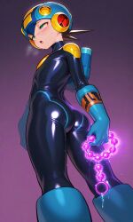 ai_generated anal_beads ass back back_view beads big_ass blush blush bodysuit curvy curvy_male femboy girly horny male mega_man_battle_network megaman.exe netnavi skin_tight_suit tongue_out twink viewed_from_below