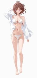 ahoge bare_belly bare_legs bare_thighs barefoot belly_button bikini blush breasts brown_hair cleavage collarbone feet idolmaster idolmaster_shiny_colors medium_breasts mole mole_under_eye parted_lips purple_eyes short_hair side-tie_bikini_bottom thighs toes wet_body white_bikini yd_(orange_maru)