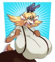 1girls anthro antlers ass blonde_hair breasts brown_fur deeeer_simulator_(game) deer desiree_(spiralingstaircase) female female_focus female_only furry green_eyes gun hips hyper hyper_breasts large_ass large_breasts red_nose reindeer spiralingstaircase spotted_fur suspenders suspenders_on_breasts tan_fur thick_thighs thighs two_tone_fur weapon wide_hips