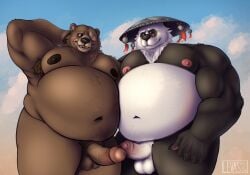 absurd_res anthro armpit_hair armpit_tuft asian_conical_hat balls bear belly belly_to_belly ben_bigger big_belly blush bodily_fluids body_hair brown_bear brown_body brown_fur chest_tuft clothing digital_media_(artwork) duo erection eyewear facial_scar fur genital_fluids genitals giant_panda glasses hat headgear headwear hi_res humanoid_genitalia humanoid_penis levas male male/male mammal mihoyo multicolored_body multicolored_fur muscular muscular_male navel nipples nude open_mouth overweight overweight_male pan_yin_hu penis precum pubes scar simple_background smile tuft ursine white_body white_fur zenless_zone_zero