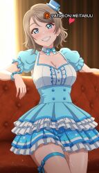 ai_generated bead_bracelet beads blue_bow blue_dress blue_eyes blue_headwear blush bow bowtie bracelet breasts brown_hair center_frills cleavage collarbone couch cowboy_shot curtains detached_collar dress female frilled_dress frills grin hat heart indoors jewelry layered_skirt light_brown_hair lips looking_at_viewer love_live! love_live!_sunshine!! medium_breasts meitabuu mini_hat mini_top_hat on_couch pearl_bracelet peeing puffy_short_sleeves puffy_sleeves pussy_juice ribbon short_hair short_sleeves sitting skirt smile solo swept_bangs teeth thigh_ribbon thigh_strap thighs tilted_headwear top_hat watanabe_you