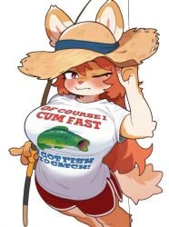 2025 anthro anthro_female blush_lines clothed_female dolphin_shorts eyelashes female female_anthro female_only fish fishing_rod magenta_eyes multicolored_fur one_eye_closed orange_fur orange_hair original solo solo_female straw_hat t-shirt text_on_clothing text_on_shirt wheel_of_fortune_(artist) white_background white_fur wolf_ears wolf_girl wolf_humanoid wolf_tail
