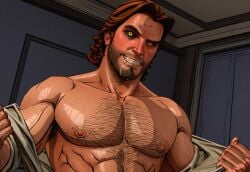 abs ai_generated bara bigby_wolf black_sclera blush body_hair brown_hair chest_hair gay glistening hairy_male male male_only muscular muscular_male nipples pecs pectorals penis showing_off sideburns sweat the_wolf_among_us undressing werewolf yaoi yellow_eyes