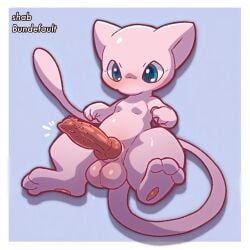animal_genitalia animal_penis balls blush bundefault erection feet feral fur generation_1_pokemon genitals knot legendary_pokemon male mammal mew_(pokemon) nintendo nude penile_spines penis pink_body pokemon pokemon_(species) simple_background smile solo tail