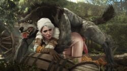 3d after_sex animal_penis athazel cd_projekt_red ciri cum doggy_style female freckles gloves green_eyes half-dressed half_naked light-skinned_female mascara mascara_tears monster outdoors panties_down penis pubic_hair scar the_witcher_(series) the_witcher_3:_wild_hunt werewolf white_hair