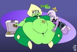 2girls amethyst_(steven_universe) artist_signature bbw big_breasts breasts burping cartoon_network dialogue digital_media_(artwork) donut feederism flabby_arms gem_(species) green_body implied_yuri kink-klown overweight peridot_(steven_universe) purple_body ssbbw steven_universe tagme white_hair yellow_hair