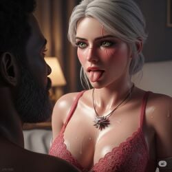 ai_generated bed big_breasts blush bra bra_only ciri cleavage cum cum_on_body cum_on_chest cumshot dark-skinned_male emerald_eyes green_eyes interracial intimate jizz kissing lace lingerie necklace pink_bra romantic scar the_witcher_(series) the_witcher_3:_wild_hunt tongue tongue_out witcher_medallion