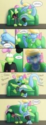 1boy 1girls 2d 2d_(artwork) alice_(jamearts) anthro anthro_on_anthro applying applying_lipstick blonde_hair blonde_hair_female blue_body blue_eyes blue_skin clawed_feet clawed_fingers comic couch couch_sitting dialogue digital_drawing_(artwork) digital_media_(artwork) dragon dragon_girl dragon_tail dress duo duo_focus female green_body green_dress green_skin jamearts jimmy’s_sloppy_life jimmy_(jamearts) knocked_out lips lipstick lipstick_mark lizard lizard_tail lizardman long_hair male male/female nervous nervous_expression nervous_face no_shoes non-human panels pink_eyes puckered_lips rainbow_lips rainbow_lipstick saliva saliva_drip scalie scalie_female scalie_male scalie_only sitting_on_couch skirt tail