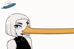 1girls 2025 ambiguous_gender animated animated black_eyes blue_eyeshadow bob_cut duck duck_girl eyelashes female long_beak looking_at_viewer original plane sleeveless wheel_of_fortune_(artist) white_background white_feathers