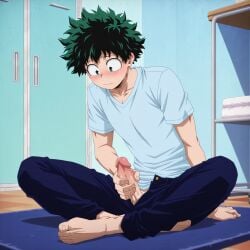 aged_up ai ai_generated blue_shirt deku dormitory erection freckles freckles_on_face green_eyes green_hair izuku_midoriya locker_room masturbation masturbation_through_clothing my_hero_academia nervous penis stroking_penis t-shirt