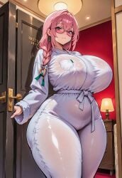 ai_generated bathrobe blush blush glasses huge_breasts large_breasts messingwithai pink_eyes pink_hair robe tsukishiro_yanagi zenless_zone_zero