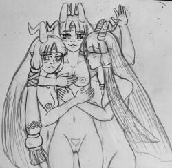 amica amica_(dmfd) anatomy_studies circlet dragon dragon_girl dragon_marked_for_death hairties inti_creates mirumiwuad monochrome nude oracle_(dmfd) pencil_(artwork) petite pointy_ears pubic_hair small_breasts smile spiky_hair traditional_media_(artwork)