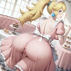 1girls ai_generated aimoonshine alternate_costume apron ass ass_focus back back_view backless_dress backless_outfit blonde_hair blue_eyes blush breasts cake checkered_floor choker cupcake dress earrings enmaided female female_only food frilled_apron frilled_choker frilled_dress frilled_sleeves frills from_behind heart heart_hands huge_ass indoors jewelry large_breasts lips long_hair looking_at_viewer looking_back maid maid_apron maid_cafe maid_dress maid_headdress maid_outfit maid_uniform mario_(series) nintendo parted_lips pink_dress ponytail princess_peach puffy_short_sleeves puffy_sleeves short_sleeves smile solo solo_female sphere_earrings sunlight super_mario_bros. table window