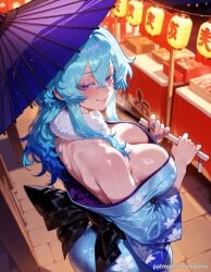 ai_generated balecxi bare_shoulders blue_hair blue_kimono blue_nails blush cleavage female floral_print holding japanese_clothes large_breasts long_hair looking_at_viewer oil-paper_umbrella patreon_username purple_eyes smile solo the_shorekeeper_(wuthering_waves) wuthering_waves