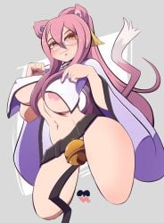 alternate_breast_size arc_system_works areolae bell belt blazblue blush cat_ears cat_tail catgirl cinnamon6 convenient_censoring dipstick_tail glasses kemonomimi kokonoe kokonoe_mercury labcoat large_breasts looking_at_viewer monster_girl nekomata orange_eyes pantsless pince-nez pink_fur pink_hair smile split_tail thick_thighs two_tails white_fur