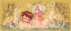 1boy 1girls auburn_hair bath bathing blush brown_hair completely_nude female full-face_blush ge__jug gegege_no_kitarou hair_over_one_eye half-closed_eyes husband_and_wife male medama_oyaji_(human) nonsexual_nudity nude onsen short_hair smile steam sweat upper_body very_short_hair white_hair wholesome