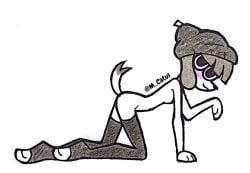 1girls 2025 black_eyes black_nose blush clothing_tag female fifi_(somemf) grey_beanie grey_hair m_catus on_knees partially_clothed partially_clothed_female partially_nude pose posing solo tagme tail white_fur white_skin