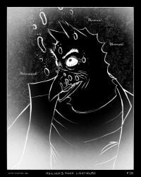 2025 absurd_res anthro asphyxiation avian beak bird black_background border bubble bulging_eyes clothing coat collared_jacket comic drowning dying greyscale hi_res imminent_death jacket maccaw_(sharkinthepark) male monochrome owl sharkinthepark shirt simple_background solo topwear underwater vignette water