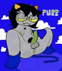 1futa :3 alien anus balls blue_background bodily_fluids cat_tail catgirl chest_tuft cloud clouds dialogue eye_bags feline_genitalia feline_humanoid feline_penis furry_tail futanari green_anus green_nipples green_penis green_text grey_body grey_skin gynomorph homestuck horn horns laying_down ms_paint_adventures musk musk_clouds naked nepeta_leijon onomatopoeia penile_spines pubes pubic_hair purring short_hair simple_background solo spread_legs sweat text troll